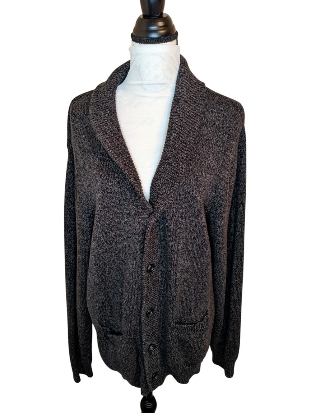 CHAPS Grandpa Cardigan Black Heather Button Front Shawl Collar Academia Sz XL
